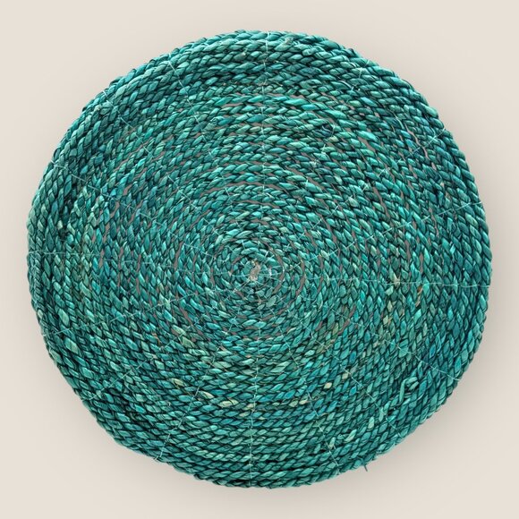 Woven Seagrass 10 in Basket With Handles Natural and Teal Two-Tone Boho Design - Picture 6 of 6